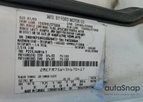 2003 Mercury Grand Marquis Ls из США, поврежденный, VIN 2MEFM75W43X670417